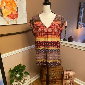 ⭐️DR2 Harvest Tones Aztec Pattern Cap-Sleeve Blouse Layering Piece Size Large⭐️